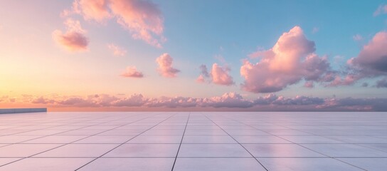 Tranquil rooftop terrace with pastel sunset sky and soft fluffy clouds offers a sense of serene escape and limitless possibilities