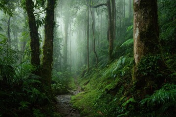 Obraz premium Mist-filled tropical rainforest at dawn with emerald canopy and soft morning light