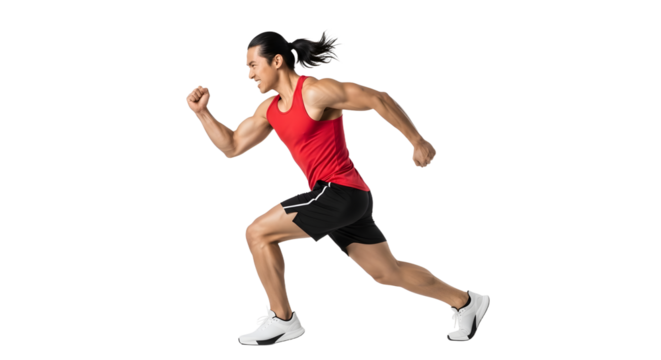 Athletic man running in red tank top and black shorts isolated on white background, fitness and exercise concept