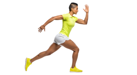Young athletic woman running in bright yellow sportswear against white background, perfect for fitness and workout concepts