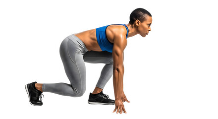 Athletic woman in starting position for a sprint run isolated on white background, fitness and sports training concept