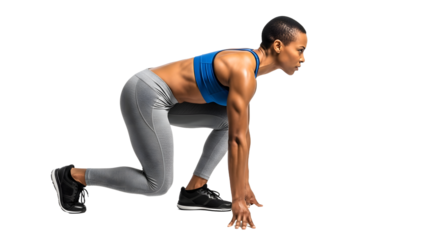 Athletic woman in starting position for a sprint run isolated on white background, fitness and sports training concept
