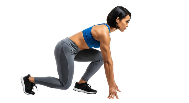 Athletic woman in sportswear crouching in a running start position isolated on white background, perfect for fitness, workout, and sports motivation - Powered by Adobe