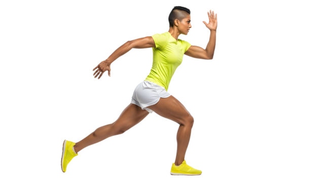 Young athletic woman running in bright yellow sportswear against white background, perfect for fitness and workout concepts