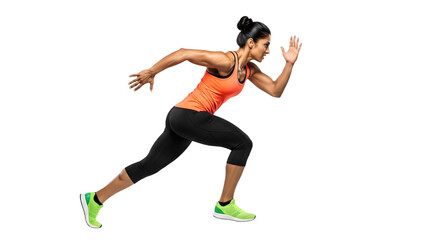 Athletic woman sprinting in running pose wearing fitness outfit and green running shoes, isolated on black background, perfect for sports and fitness themes