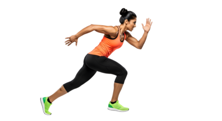 Athletic woman sprinting in running pose wearing fitness outfit and green running shoes, isolated on black background, perfect for sports and fitness themes