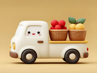 3d cartoon truck with woven fruit baskets and smiling face on beige background