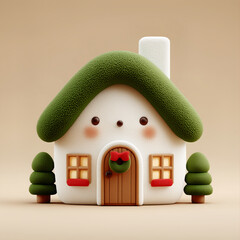 3d christmas house with green roof and wreath in cute festive style