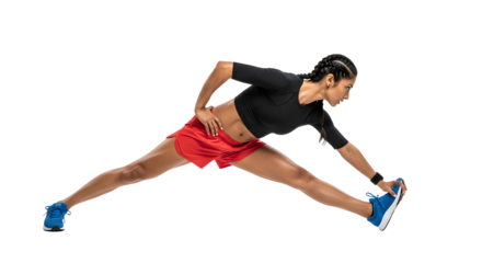 Athletic woman stretching leg muscles before workout wearing sportswear and running shoes, fitness training and flexibility exercise