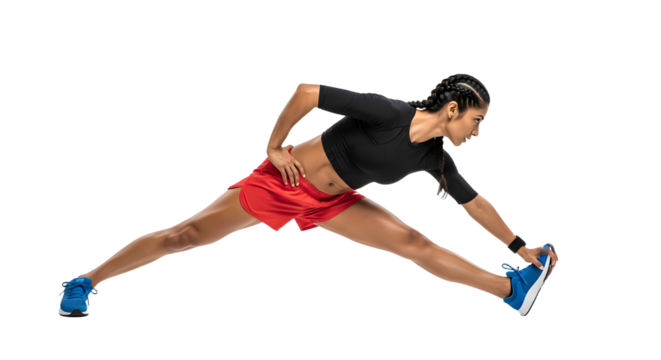 Athletic woman stretching leg muscles before workout wearing sportswear and running shoes, fitness training and flexibility exercise