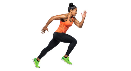Fototapeta premium Athletic young woman sprinting in bright sportswear isolated on white background, fitness and running concept, ideal for workout and health promotion
