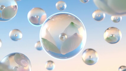 Floating glass bubble orb drifts. Glass sphere and orb reflect pastel sky. Abstract floating bubble cluster shows glossy reflection. Dreamy surreal composition evokes calm. Serene mood invites wonder. - Powered by Adobe