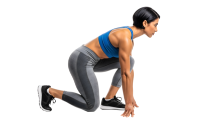 Fit young woman in sportswear crouching in start position for running or workout, isolated on black background, perfect for fitness and sports themes