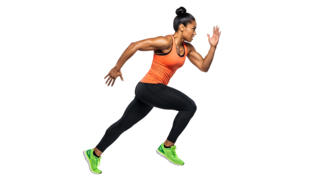 Athletic young woman sprinting in bright sportswear isolated on white background, fitness and running concept, ideal for workout and health promotion