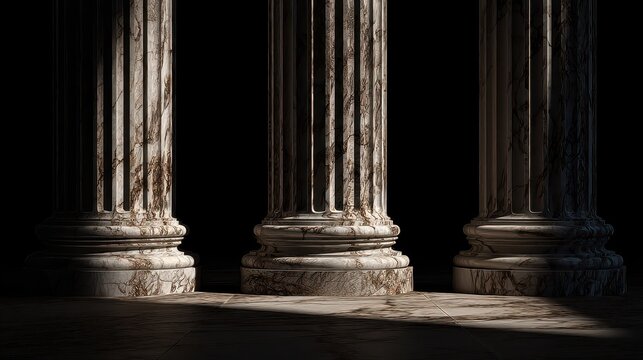Monumental marble pillars in classical design with deep shadows on a black background