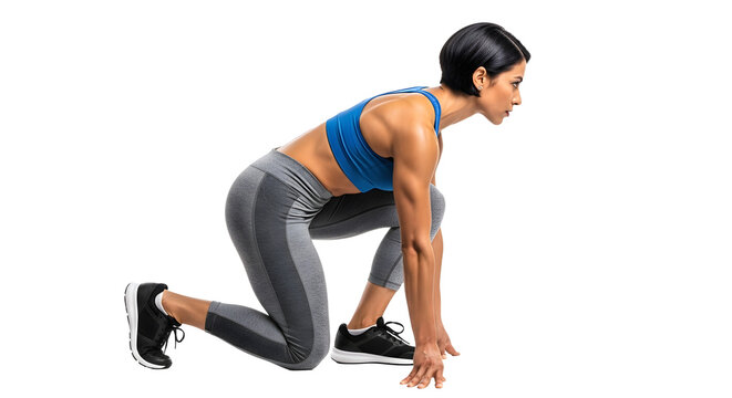 Fit young woman in sportswear crouching in start position for running or workout, isolated on black background, perfect for fitness and sports themes