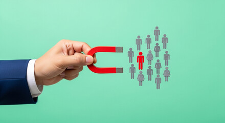Hand in suit holding red magnet attracting gray people icons with standout in center, recruitment and best job candidate selection concept