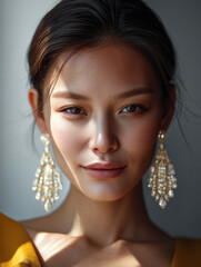 Asian woman portrait with elegant makeup, wearing large gold earrings, soft natural light, confident expression, smooth skin, yellow dress