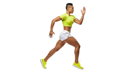 Young athletic man running in neon green sportswear isolated on white background, fitness and workout concept perfect for sports campaigns