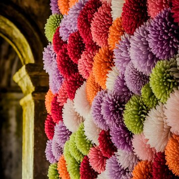 Flowers wall background with amazing red,orange,pink,purple,green and white chrysanthemum flowers ,Wedding decoration, hand made Beautiful flower wall background