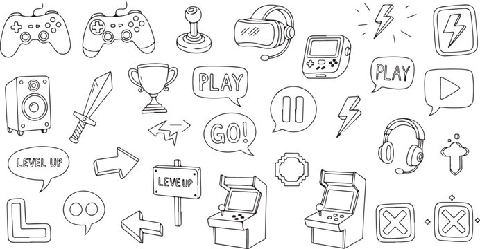 Collection of hand drawn gaming and entertainment icons featuring game controllers arcade machines and various objects in a silhouette style isolated on transparent background