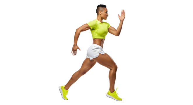 Young athletic man running in neon green sportswear isolated on white background, fitness and workout concept perfect for sports campaigns