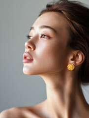 Fototapeta premium Asian woman with glowing skin, elegant makeup, and yellow floral earring, gazing upward in soft natural light, beauty and confidence