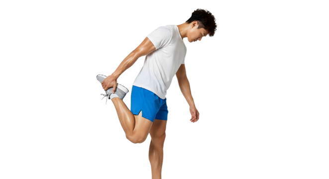 Young man stretching leg muscle isolated on black background, pre-exercise warm-up routine, fitness concept, perfect for workout motivation