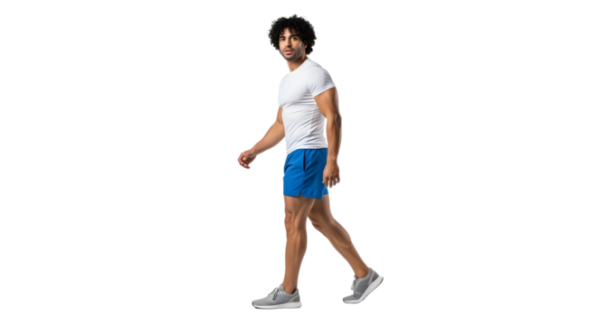 Young man walking confidently wearing casual summer outfit with white t-shirt and blue shorts, isolated on black background, perfect for fitness and lifestyle content