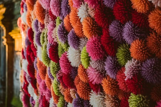 Flowers wall background with amazing red,orange,pink,purple,green and white chrysanthemum flowers ,Wedding decoration, hand made Beautiful flower wall background