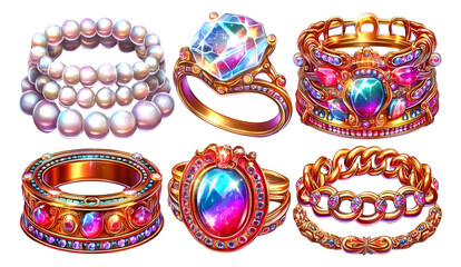 Colorful and Elegant Jewelry Collection with Pearls and Gemstones on Transparent Background