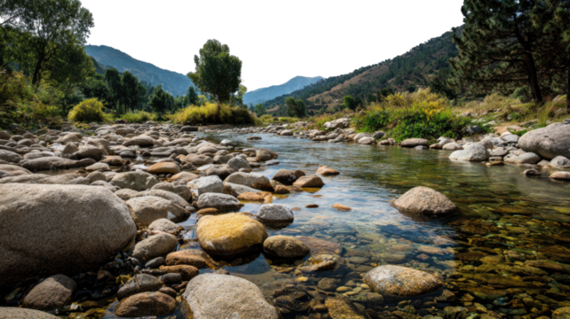 Green flowing mountain river and stream through rocks and forest landscape - Powered by Adobe