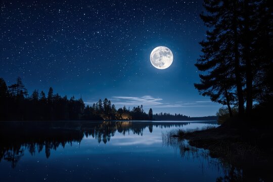 Moonlit night sky over a calm lake with a large full moon and silhouetted shoreline