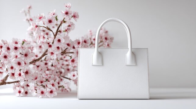 White Handbag with Sakura Blossoms: A sleek white handbag sits serenely beside delicate cherry blossom branches, evoking a sense of purity and springtime charm.