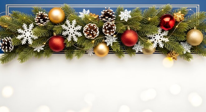 Xmas garland border with ornaments pine cones and copy space