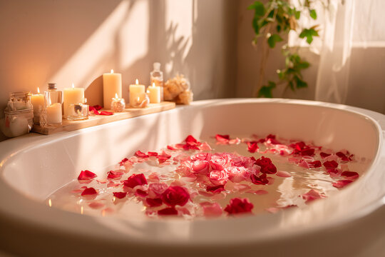 Bathtub filled with rose petals and candles