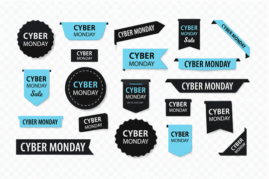Cyber monday sale tags set,  Black and blue sale sticker, label, badge, ribbon banners. Special offer price sign. Advertising Discounts symbol. Promotional design for web online shopping store, shop, - Powered by Adobe