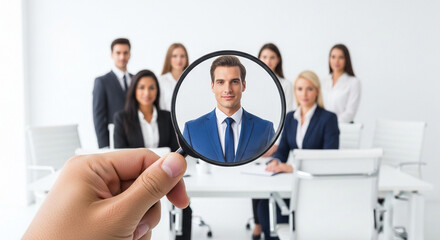 Hand holding magnifying glass focusing on standout job candidate in team meeting, recruitment and talent selection in corporate environment