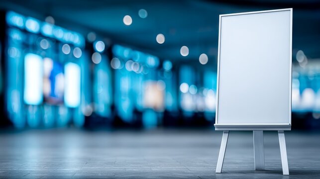 Empty signboard presentation in mysterious dark room blurry backdrops for custom content display. - Powered by Adobe