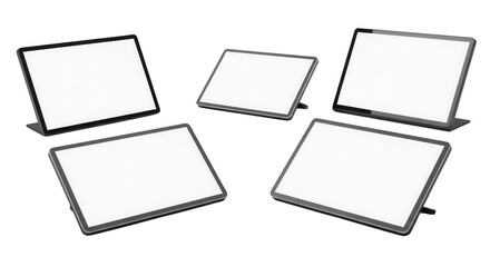 Five digital tablets with blank screens displayed at various angles, isolated on transparent background