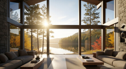  Blurred interior of an open-concept living space with large windows overlooking a serene natural landscape (e.g., forest, lake). The light is bright and airy, and the focus is on the vastness .