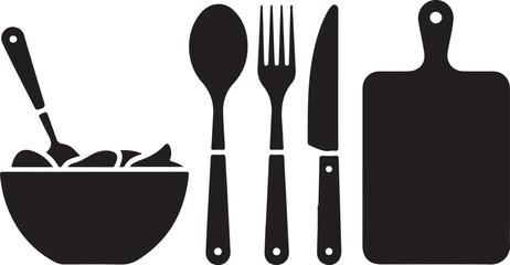 Salad Preparation Tools Silhouette with Bowl Spoon Fork Knife and Chopping Board