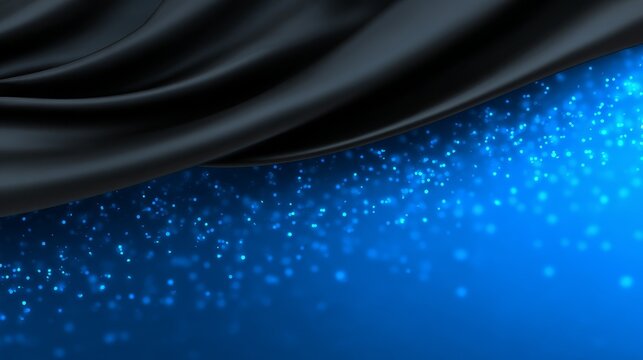 Luxurious black silk fabric gently draped against serene blue background creating rich texture.