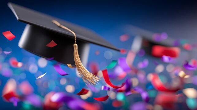 Excited students celebrate academic achievement by tossing graduation caps high into the air on successful commencement day.