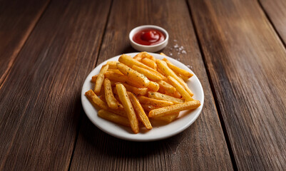 Thick cut french fries. Fried potatoes on a white plate with sprinkled salt and a bowl of ketchup.