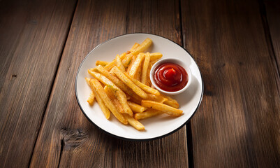A plate of thick cut french fries, on a wooden table with a small bowl of tomato ketchup for dipping.