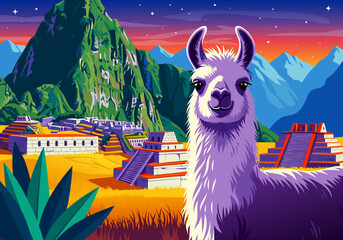 Obraz premium Llama and Machu Picchu A Colorful Illustration of Peruvian Landscape with Mountain Scenery