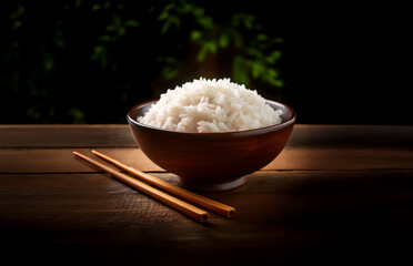 Wooden bowl of hot, steaming, boiled rice, on a rustic wooden table with chopsticks