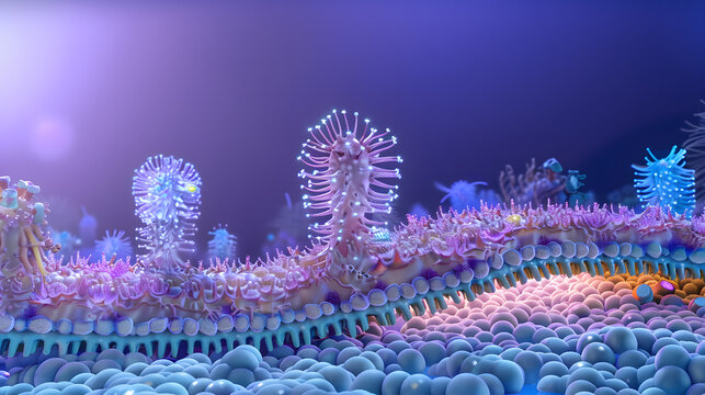 Highly detailed 3D illustration of the plasma membrane showing molecular structure and cellular components. - Powered by Adobe