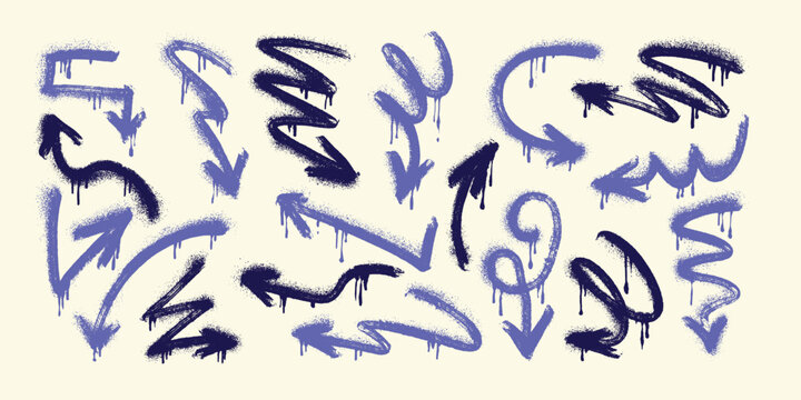 Spray Grunge Arrows. Hand-drawn set of doodle arrow icons. Freehand curved lines and pointers. Scribbled arrows for infographics. Freehand sketches of thin, spring arrows with loops and abstract